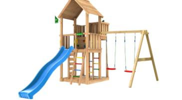 Legetårn Palace 2.1, inkl. 2-Swing Modul 220, 120 kg sand, blå rutschebane
